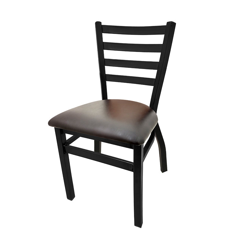 Commercial-grade ladderback metal chair with espresso vinyl seat and black powder coat finish, ideal for dining areas and hospitality use.