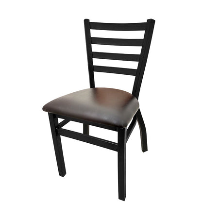 Commercial-grade ladderback metal chair with espresso vinyl seat and black powder coat finish, ideal for dining areas and hospitality use.