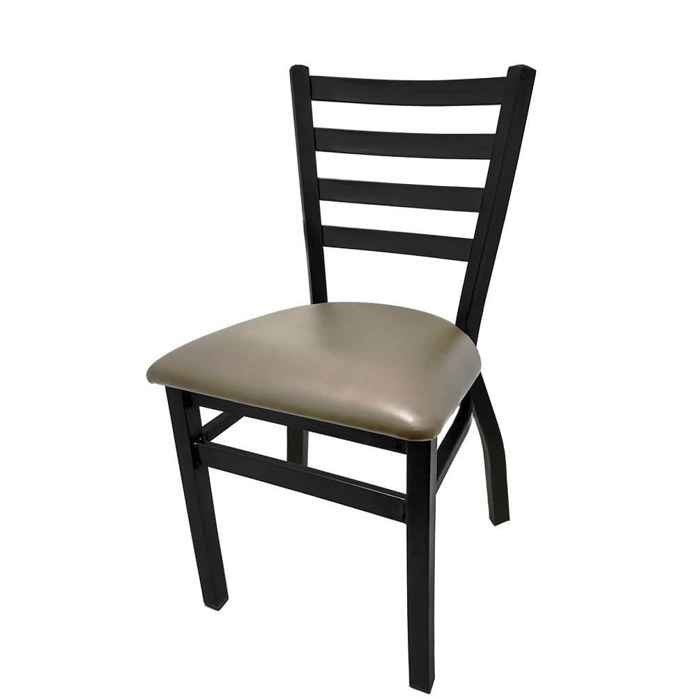 Front view of stackable ladderback metal chair with black powder coat frame and gunmetal vinyl seat, welded steel restaurant chair with 300 lb capacity.