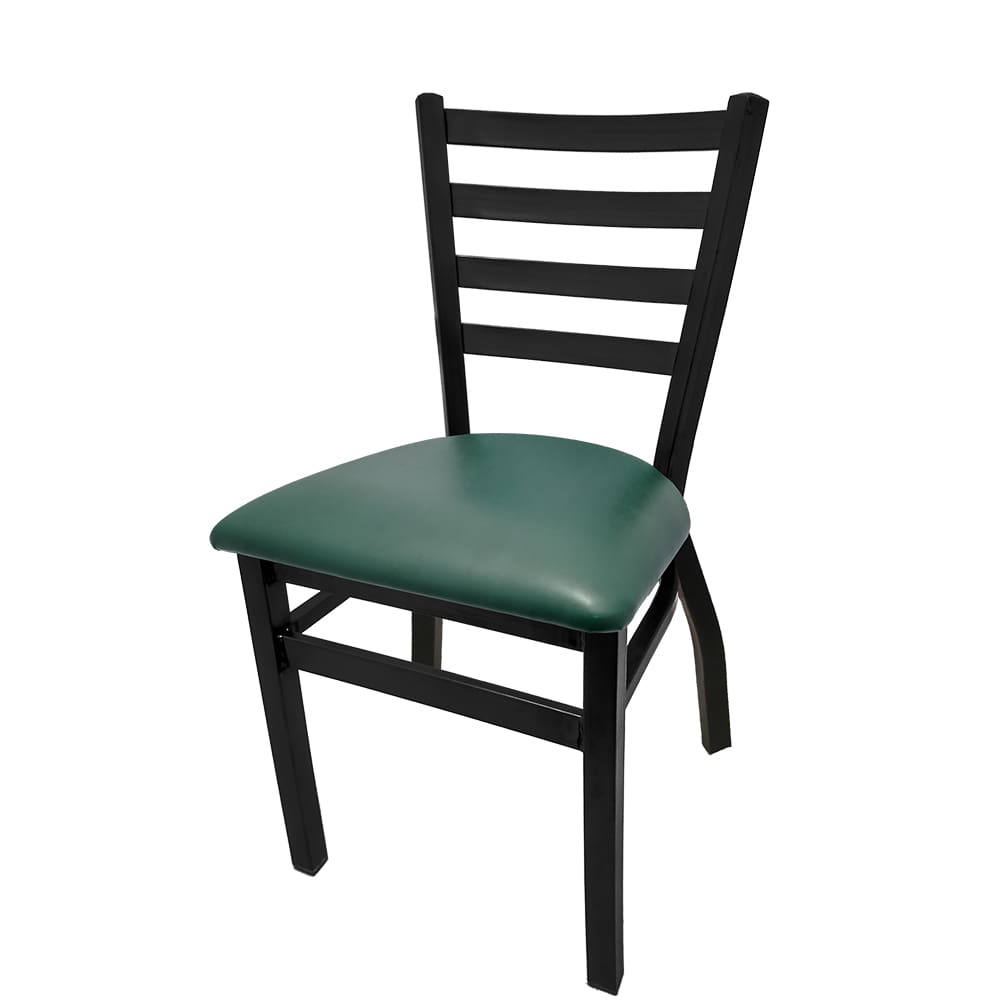 Restaurant ladderback metal chair with hunter green vinyl seat and durable black powder coat frame, stackable for space efficiency