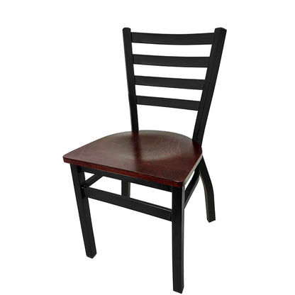 Ladderback restaurant chair with black powder coat frame and mahogany wood seat, commercial-grade construction with non-marring glides.