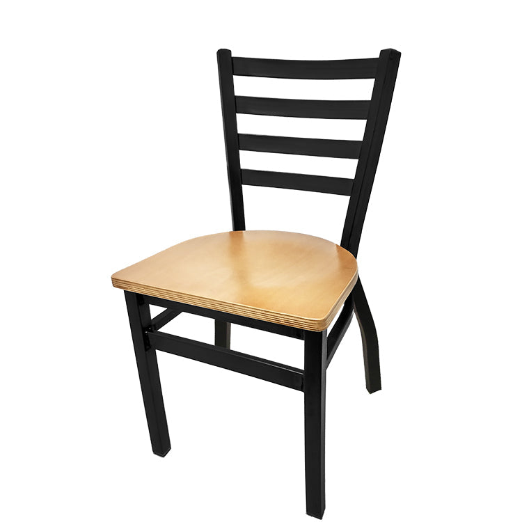 Stackable black ladderback metal chair with natural clear coat wood seat, 300 lb capacity welded steel frame, ideal for restaurant dining.