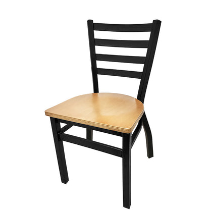 Stackable black ladderback metal chair with natural clear coat wood seat, 300 lb capacity welded steel frame, ideal for restaurant dining.