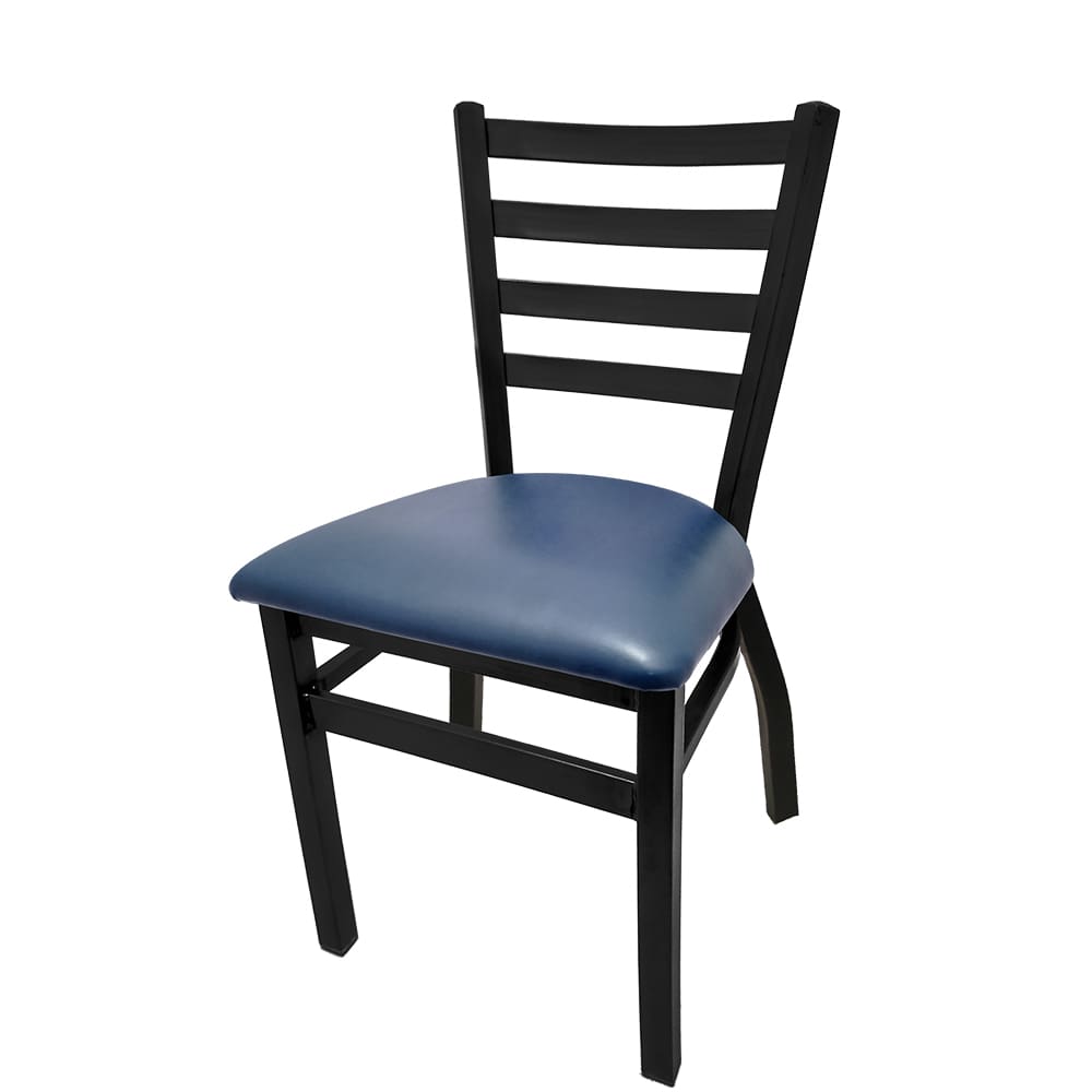 Stackable ladderback metal chair with navy vinyl seat, powder-coated black frame, and non-marring glides, perfect for restaurant or bar use.