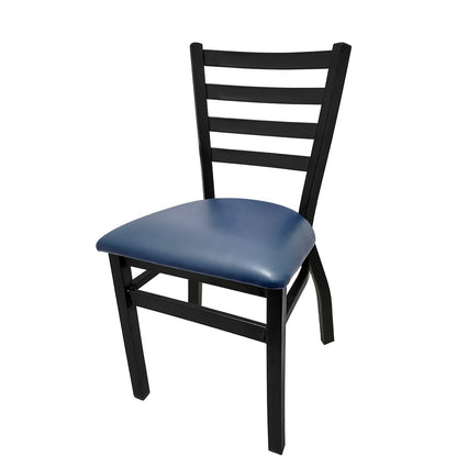 Stackable ladderback metal chair with navy vinyl seat, powder-coated black frame, and non-marring glides, perfect for restaurant or bar use.