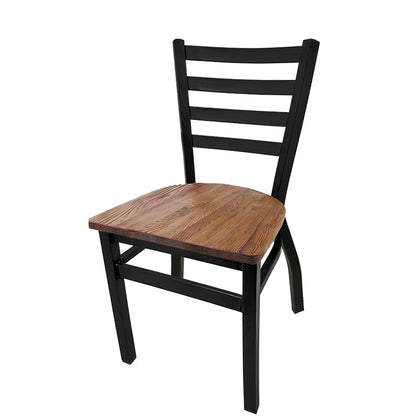 Black metal ladderback chair with reclaimed wood seat, industrial-style restaurant seating with welded steel frame and powder coat finish.