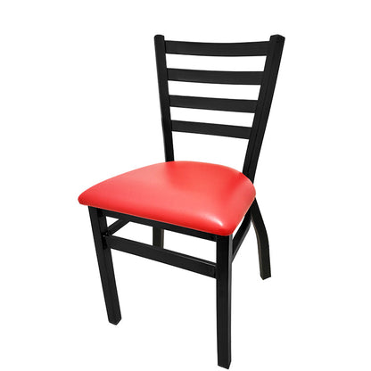 Industrial-style black ladderback metal chair with red vinyl seat, heavy-duty restaurant seating with welded frame and powder coat finish.