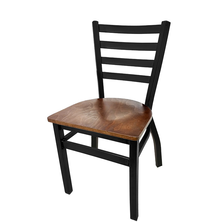 Stackable ladderback dining chair with black powder coat steel frame and walnut wood seat, perfect for restaurant, bar, and café interiors.
