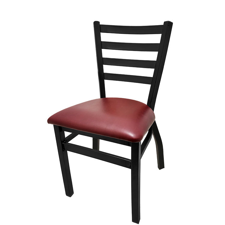 Front view of stackable restaurant ladderback chair in black powder coat finish with wine vinyl seat, durable commercial-grade seating.