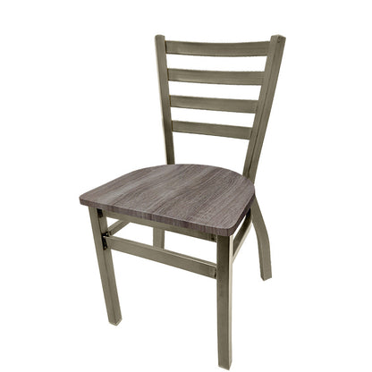 Front view of ladderback metal chair with clear coat frame, brass welds, and barnwood seat, rustic industrial restaurant chair.
