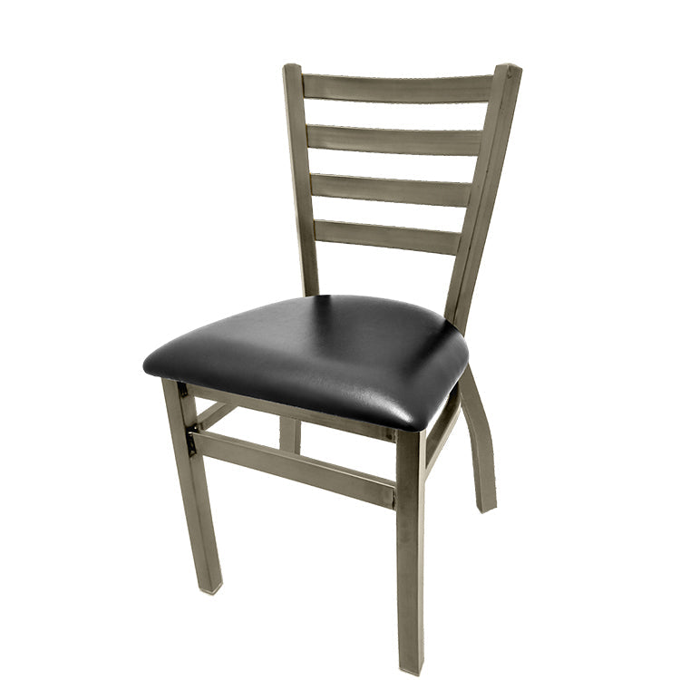 Front view of ladderback metal chair with clear coat frame, brass welds, and black vinyl seat, welded steel design for restaurant seating.