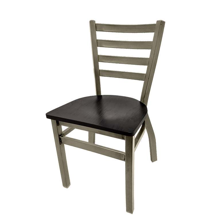 Front view of ladderback metal chair with clear coat brass weld frame and black wood seat, stackable metal restaurant chair.