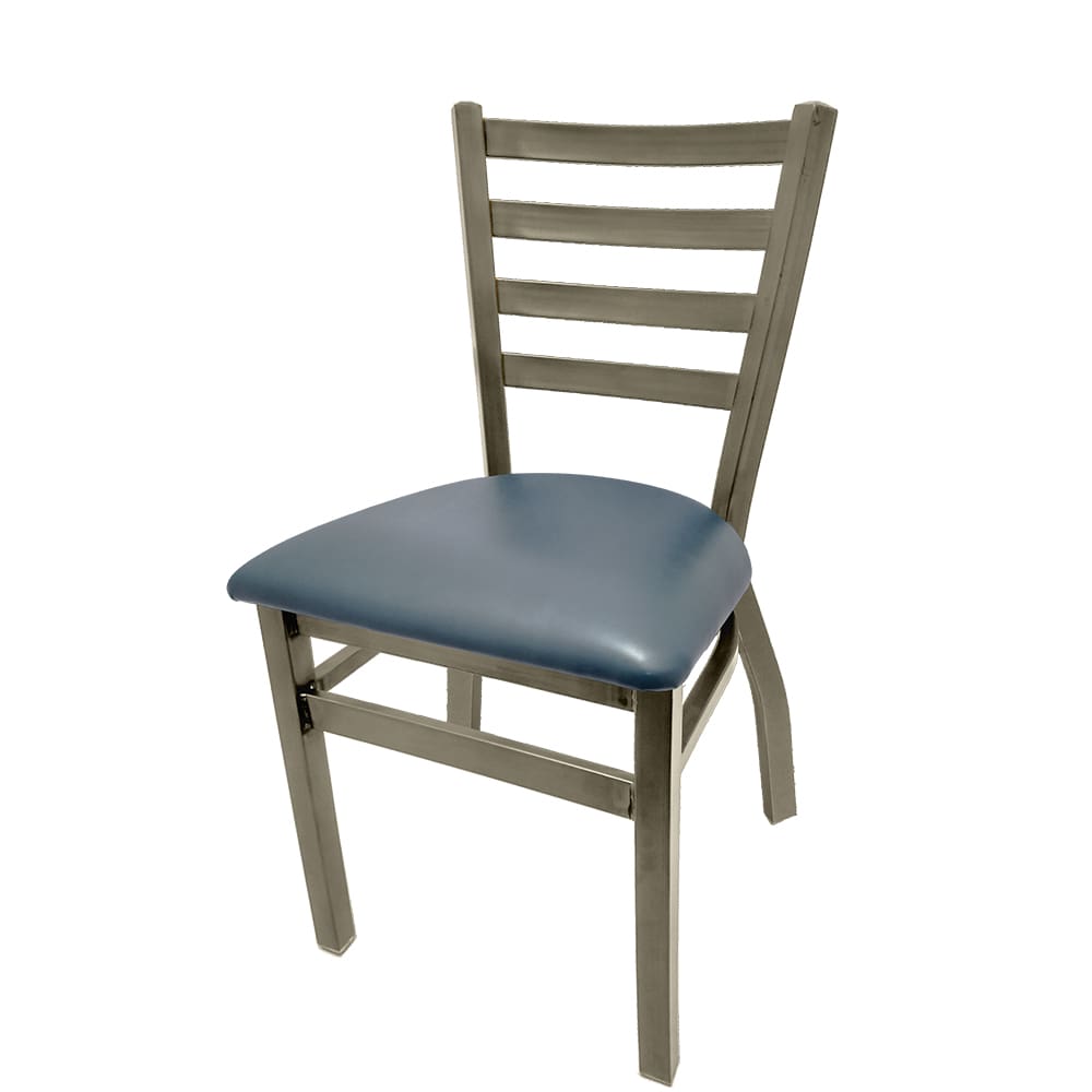 Front view of ladderback metal chair with clear coat finish, brass welds, and blue ridge vinyl seat, restaurant-grade stackable chair.