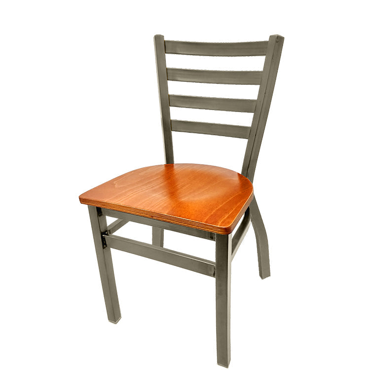 Front view of ladderback metal chair with clear coat frame, brass welds, and cherry wood seat, welded commercial dining chair.
