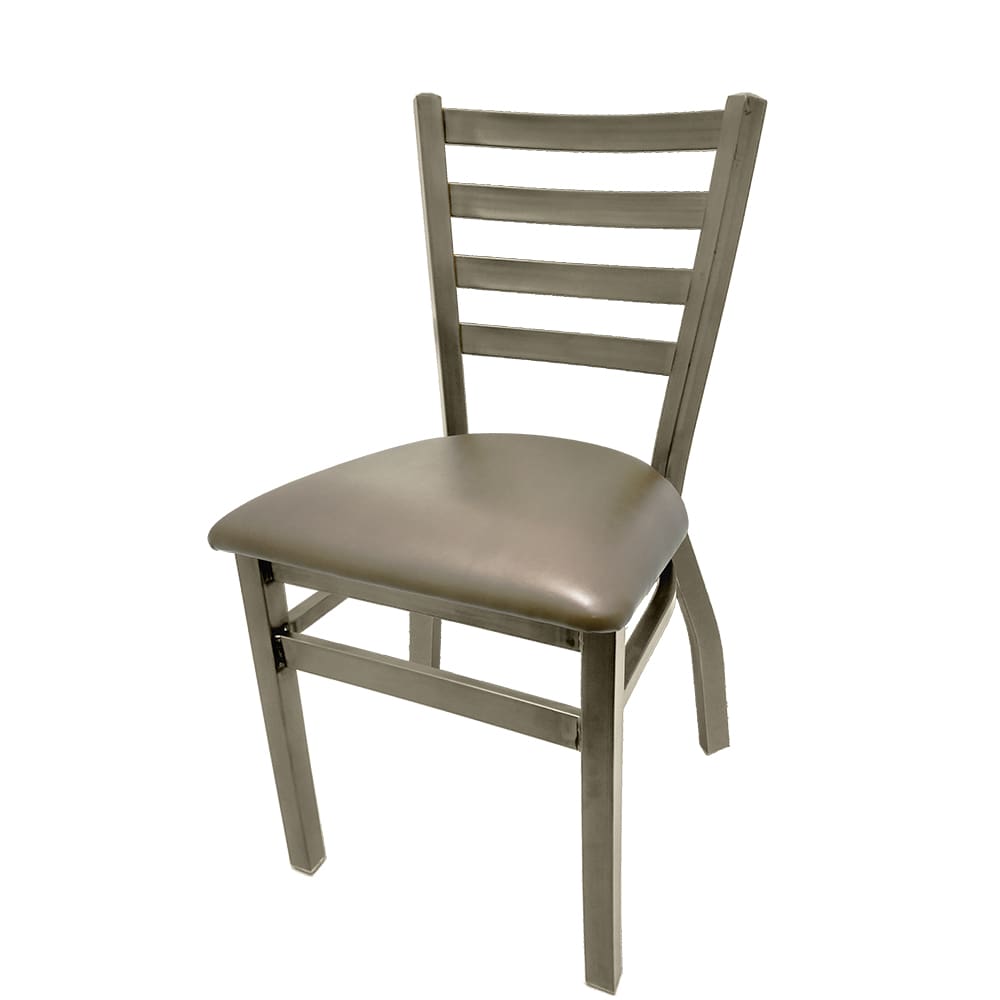 Front view of ladderback metal chair with clear coat frame and gunmetal vinyl seat, welded steel restaurant chair with industrial look.