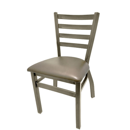 Front view of ladderback metal chair with clear coat frame and gunmetal vinyl seat, welded steel restaurant chair with industrial look.