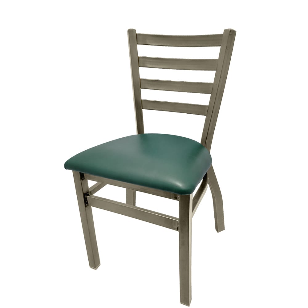 Front view of ladderback metal chair with clear coat frame, brass welds, and hunter green vinyl seat, stackable restaurant seating.