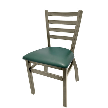 Front view of ladderback metal chair with clear coat frame, brass welds, and hunter green vinyl seat, stackable restaurant seating.
