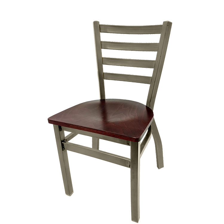 Front view of ladderback metal chair with clear coat finish, brass welds, and mahogany wood seat, stackable industrial chair.