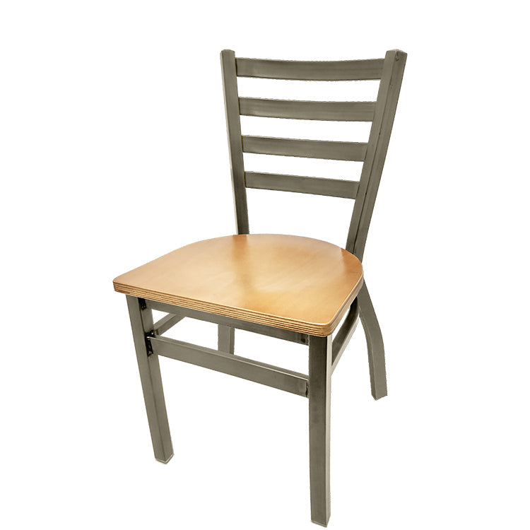 Front view of ladderback metal chair with clear coat frame and natural clear coat wood seat, 300 lb capacity commercial seating.