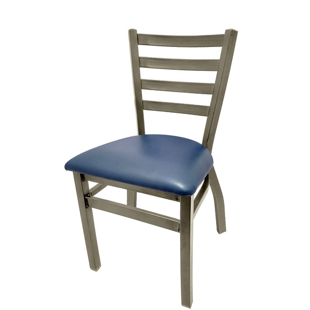Front view of ladderback metal chair with clear coat frame and navy vinyl seat, durable welded frame for restaurant or café use.