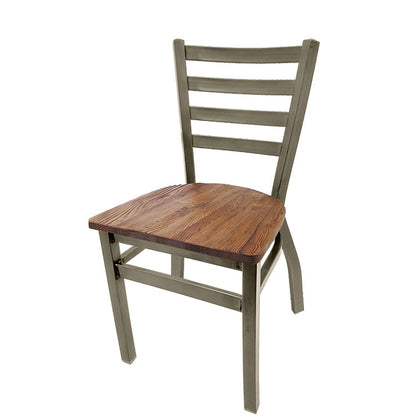 Front view of ladderback metal chair with clear coat frame and reclaimed wood seat, rustic restaurant-style seating with brass welds.