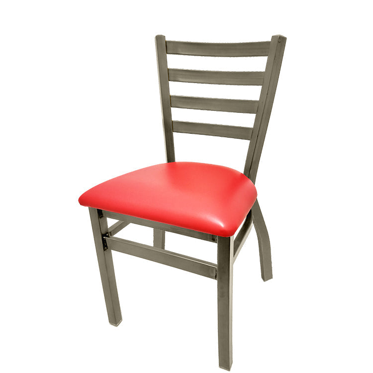 Front view of ladderback metal chair with clear coat steel frame, brass welds, and red vinyl seat, industrial commercial seating.