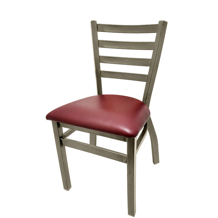 Front view of ladderback metal chair with clear coat brass weld frame and wine vinyl seat, stackable restaurant chair with modern design.