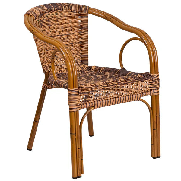 Burning brown rattan café chair with arms and curved back, lightweight stackable design for indoor and outdoor use.