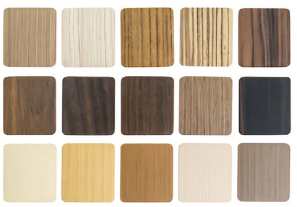 Row of wood stain samples presented side by side, showing different finish colors for Maple, Oak, or Poplar display tables.