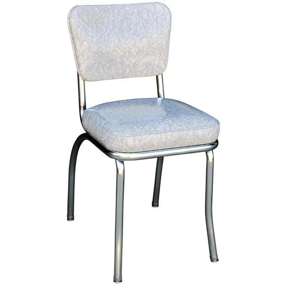 Front view of retro standard diner chair in cracked ice grey with chrome frame for restaurants, cafés, diners, and hotel dining spaces.