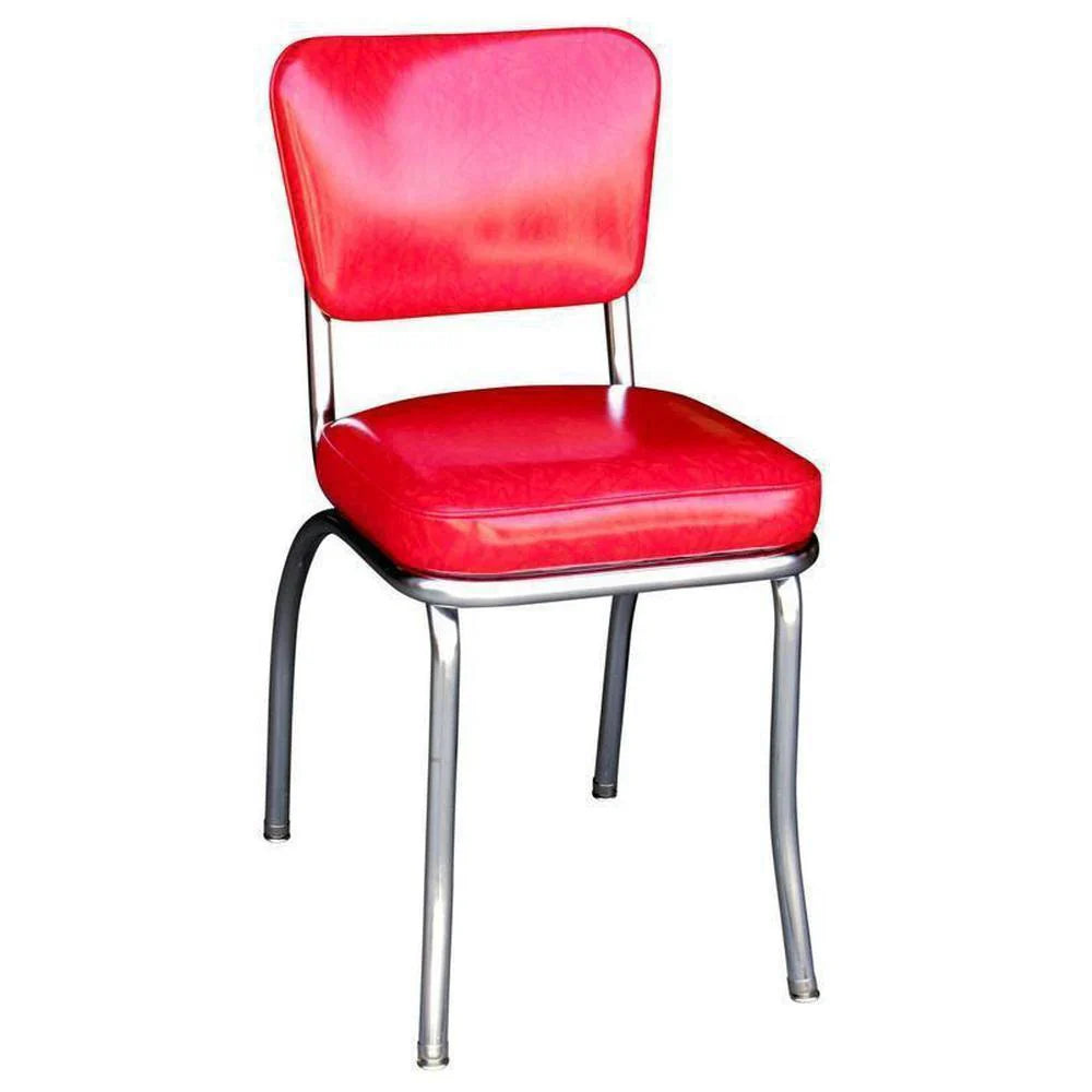 Front view of retro standard diner chair in cracked ice red with chrome legs for cafés, diners, and bars.
