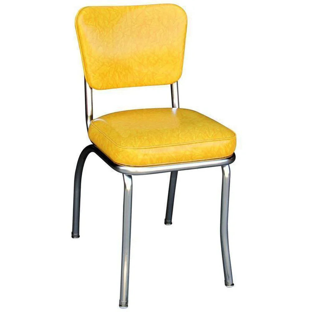 Front view of retro standard diner chair in cracked ice yellow with chrome frame for restaurants and cafés.