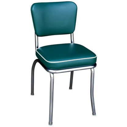Front view of forest green and white diner chair with chrome frame for restaurants, cafés, and hotel dining rooms.