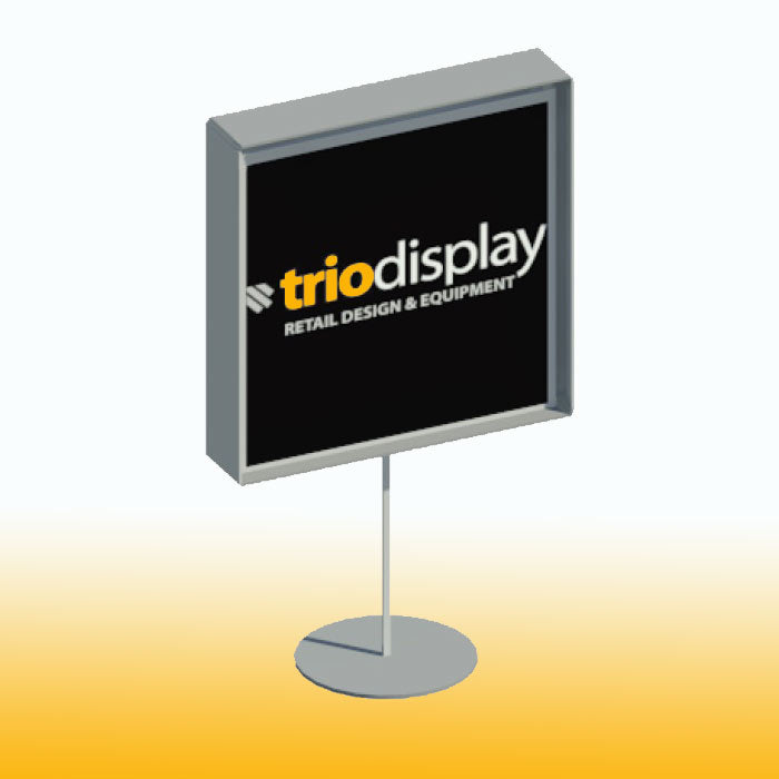 Single metal t-shirt display box with stand in raw steel finish for showcasing apparel.