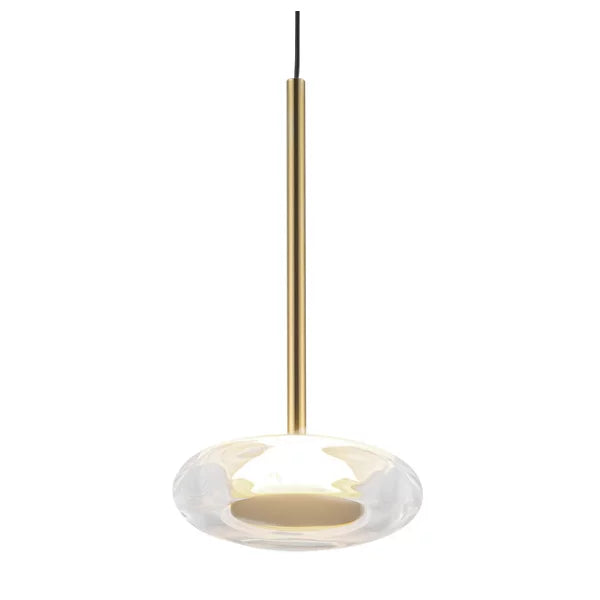 Stephord LED mini pendant in gold finish with clear curved glass and frosted acrylic diffuser, designed for warm, elegant lighting in restaurants and bars