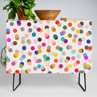 Stories 1 Condiment Bar by Garima Dhawan with black steel legs – colorful abstract birch cabinet perfect for restaurant condiment stations, bars, and boutique hotels