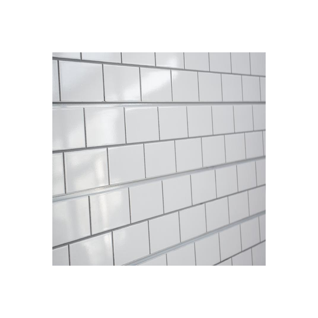 White subway tile wall panel measuring 24 inches high by 96 inches long with smooth, glossy faux tile pattern.