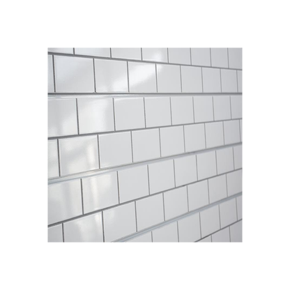White subway tile wall panel measuring 24 inches high by 96 inches long with smooth, glossy faux tile pattern.