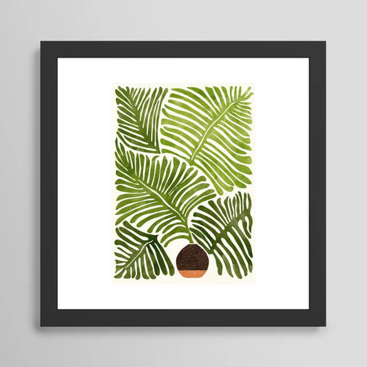 Summer Fern watercolor art print in black frame on restaurant wall