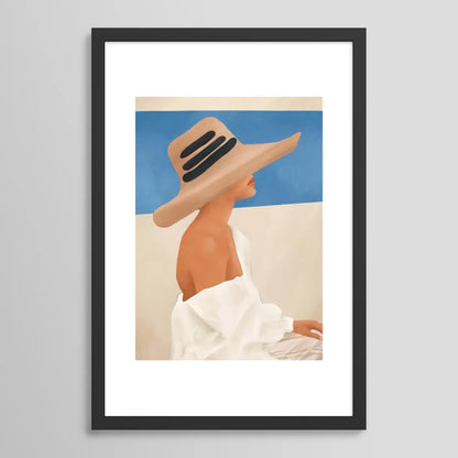 Summer Hat Art Print by City Art in black hardwood frame with smooth matte finish, featuring coastal minimalist design perfect for home or office interiors.