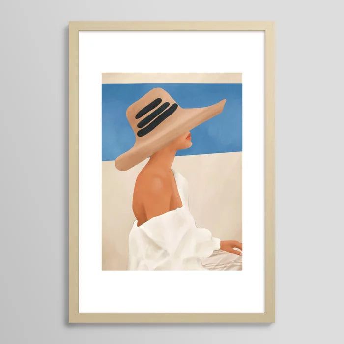 Alt Text:
Summer Hat Art Print by City Art in light maple wood frame, featuring clean lines and coastal-inspired tones that complement modern home décor.