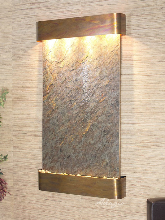Summit Falls vertical wall-mounted water fountain with LED lights for restaurant and hotel interiors