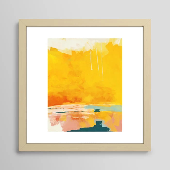 Sunny Landscape art print in maple frame shown in coffee shop interior