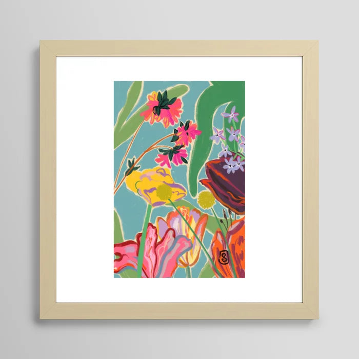 Sunny Landscape art print in maple frame installed in coffee shop interior