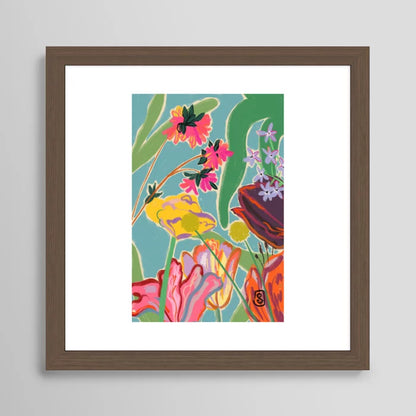 Sunny Landscape art print in walnut frame hung in cocktail lounge or bar