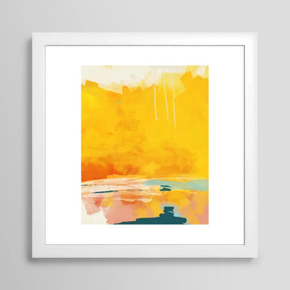 Sunny Landscape art print in white frame displayed in café seating area