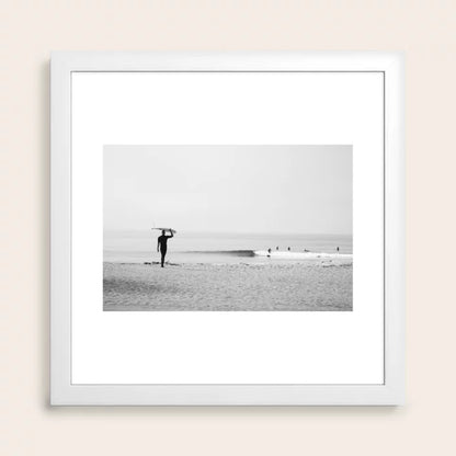 Surf Malibu Art Print by David Tribby in white frame, minimalist coastal wall art capturing Malibu surf culture and ocean-inspired interiors