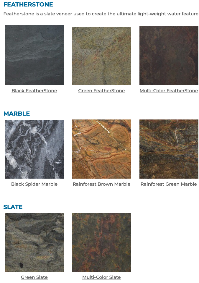 Collection of Featherstone, Marble, and Slate samples with descriptions on a gray background.
