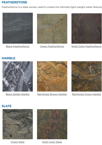 Collection of Featherstone, Marble, and Slate samples with descriptions on a gray background.
